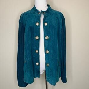 Teal Suede Sweater Jacket Vintage Y2k 90s Large Brass Grommets Hook Front Sz 2X